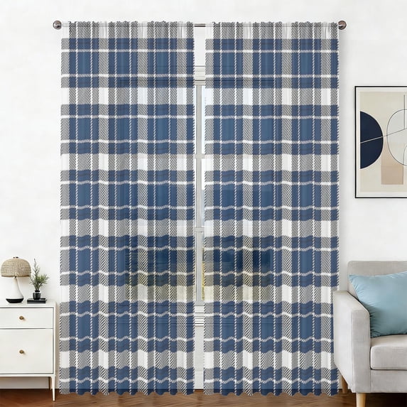 Blue and White Checkered Pattern Sheer Curtains, Sheer Curtain Panels ...