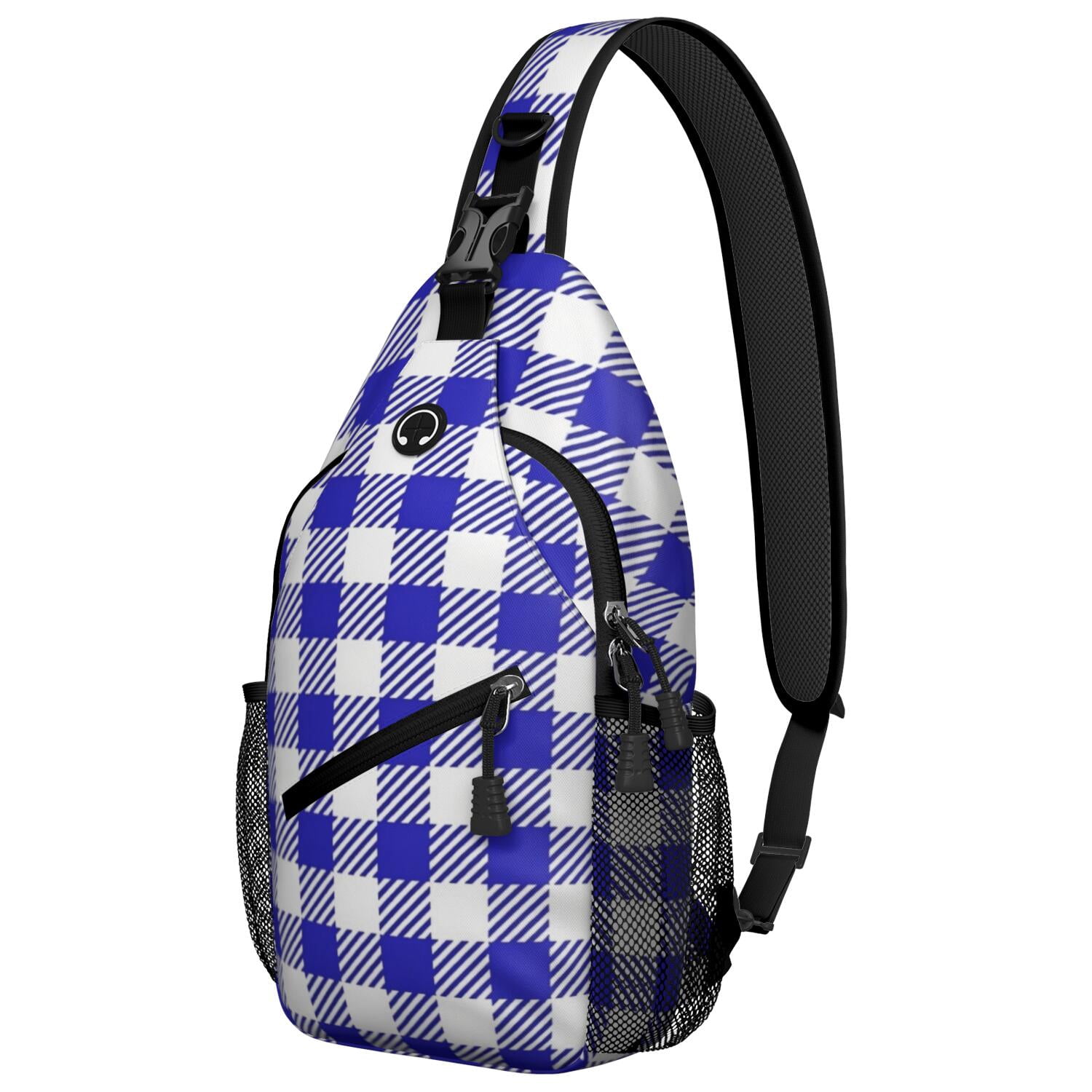 Blue and White Checkered Pattern Sling Backpack, Unisex Daily Travel ...