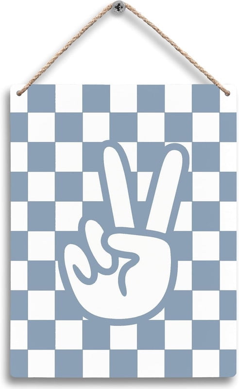 Blue and White Checkered Peace Sign Hanging Wooden Signs 6x12 inch,Blue ...