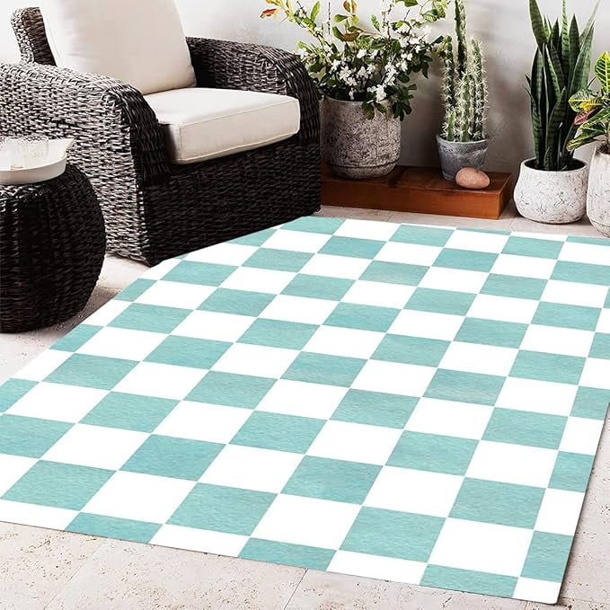 Blue White Checkered Plaid Pattern Area Rug For Living Room Bedroom ...