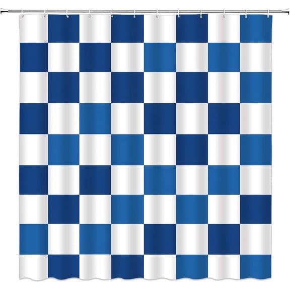Blue and White Checkered Shower Curtain Grid Pattern Line Simple Modern Minimalist Aesthetic Fabric Bathroom Decor Curtain with Hooks-36"W x 72"L (Pack of 1)
