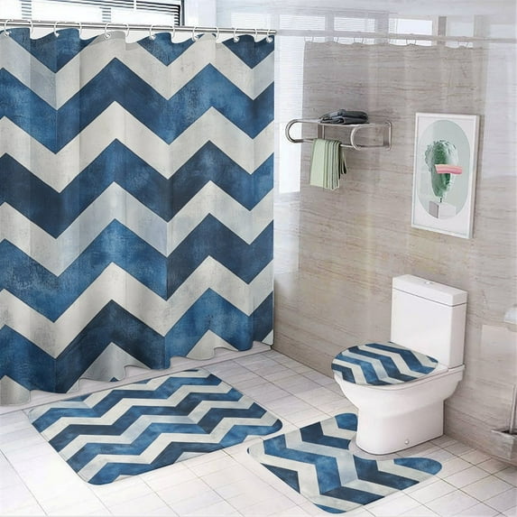 Blue And White Chevron Shower Curtain Sets with Rugs 4 Piece with Rugs Toilet Lid Cover and Bath Mat Geometric Pattern Waterproof Personality Pattern Bath Curtains for Bathroom Decor Sets