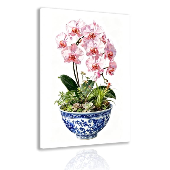 Blue and White Chinese-Style Porcelain Bowl Canvas Wall Art — Featuring Watercolor Pink Orchids and Succulents — Framed Chinese Floral Print & Botanical Poster — Living Room and Bedroom Home Decor