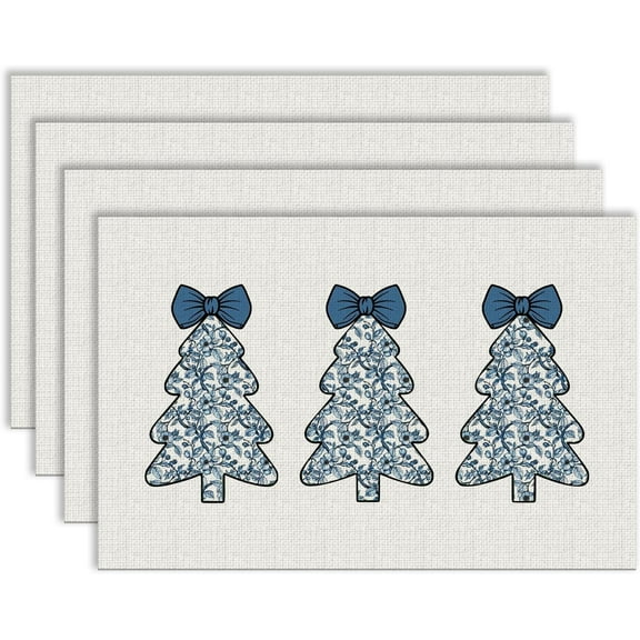 Blue and White Chinoiserie Christmas Tree Placemats, Blue Bow Christmas Tree Xmas Grandmillennial Table Mats Washable Placemat for Kitchen Dining Room Winter Holiday Party Decoration 12x18 Inch