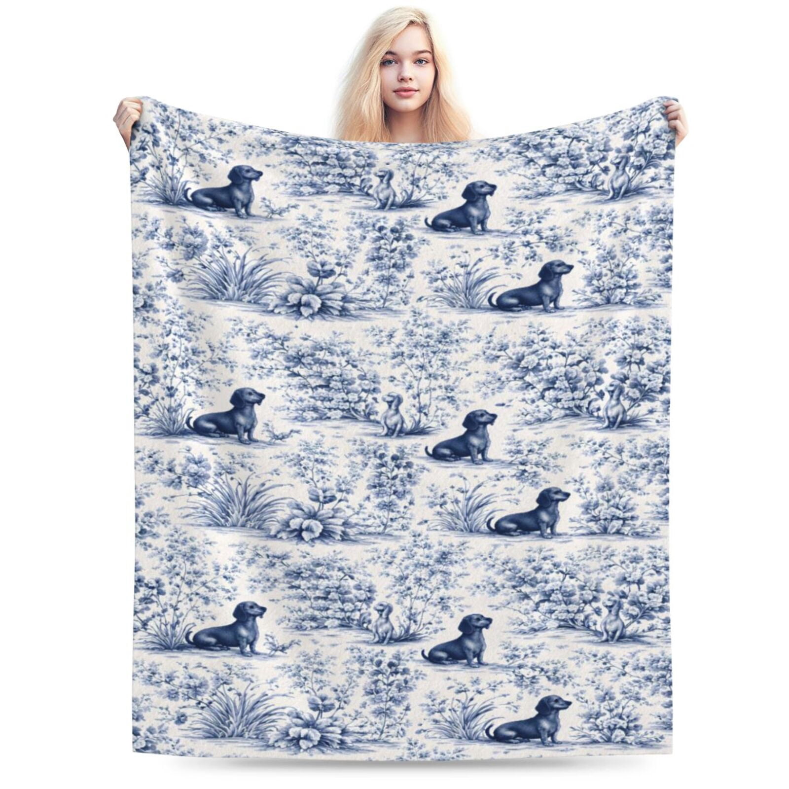 Blue and White Chinoiserie Dachshund Blanket, Vintage French Country ...