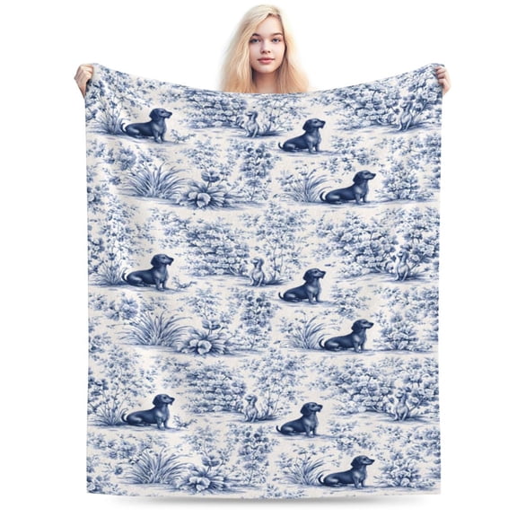 Blue and White Chinoiserie Dachshund Blanket, Vintage French Country Toile Weiner Dog Throw Blanket for Home Bedroom Room Couch Bed Decor, Gifts for Dachshund Lovers 50x40