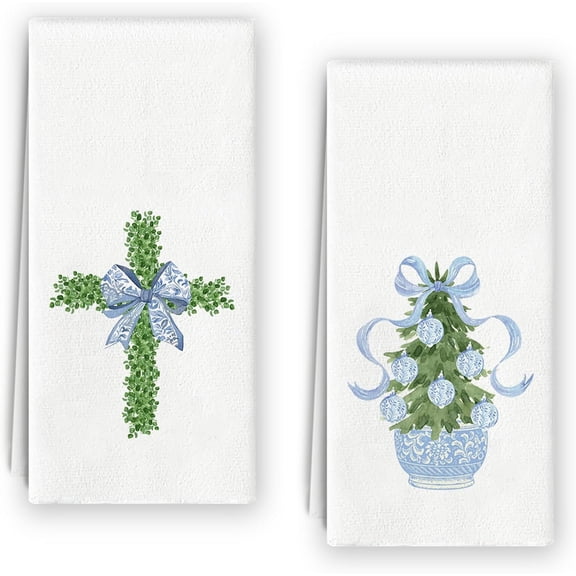 Blue and White Chinoiserie Dish Towels Set - Set of 2, Blue and White Kitchen Decor, Chinoiserie Decor, Preppy  Blue Bow Chinoiserie Kitchen Towels Hand Towels 16x24