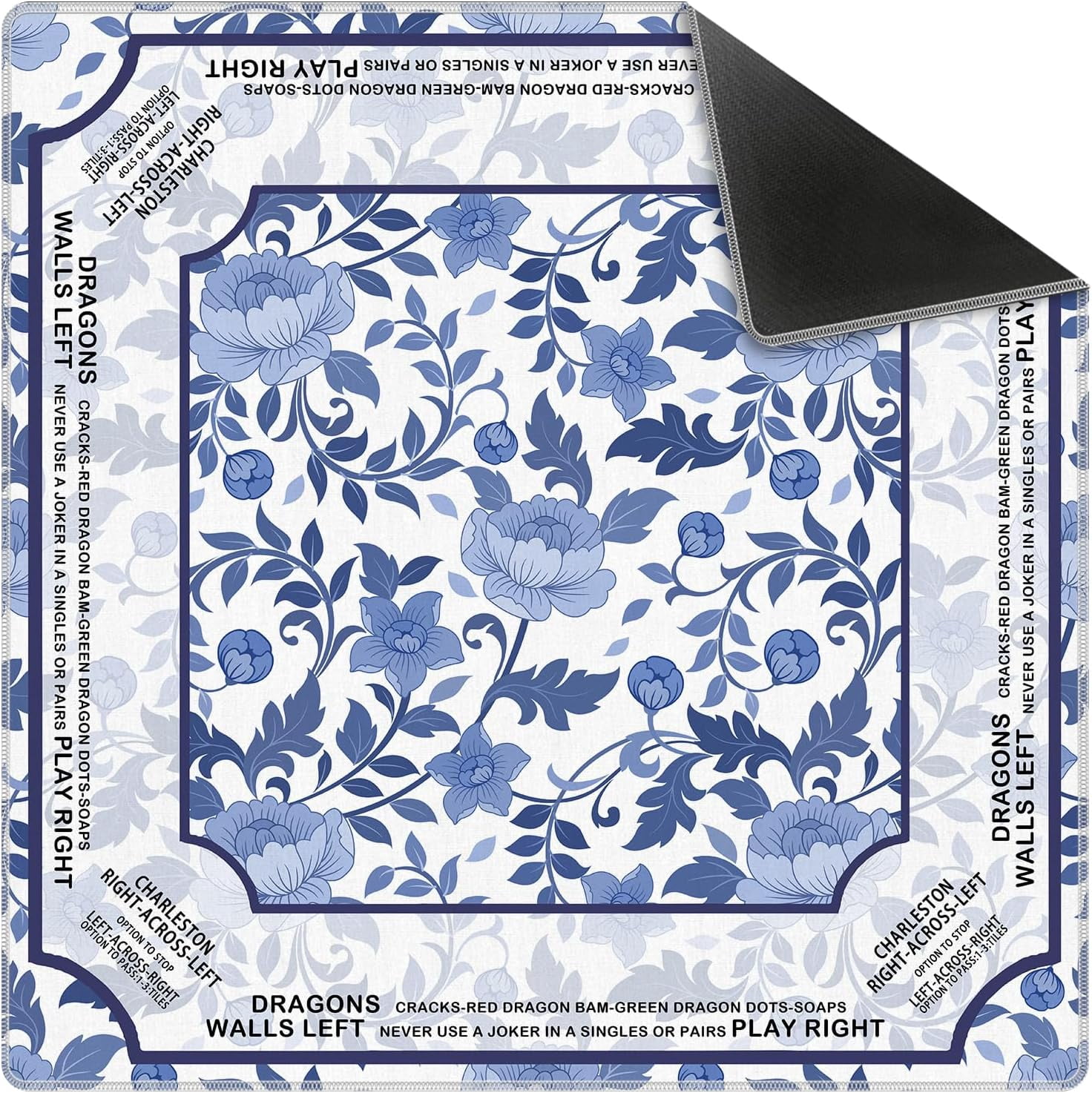 Blue and White Chinoiserie Floral Bird Mahjong Mat 31.5 x 31.5 Inch, Traditional Chinese Non-Slip Noise Reduction Mahjong Table Mat for American Mah Jong Poker Card Board Games Dominoes