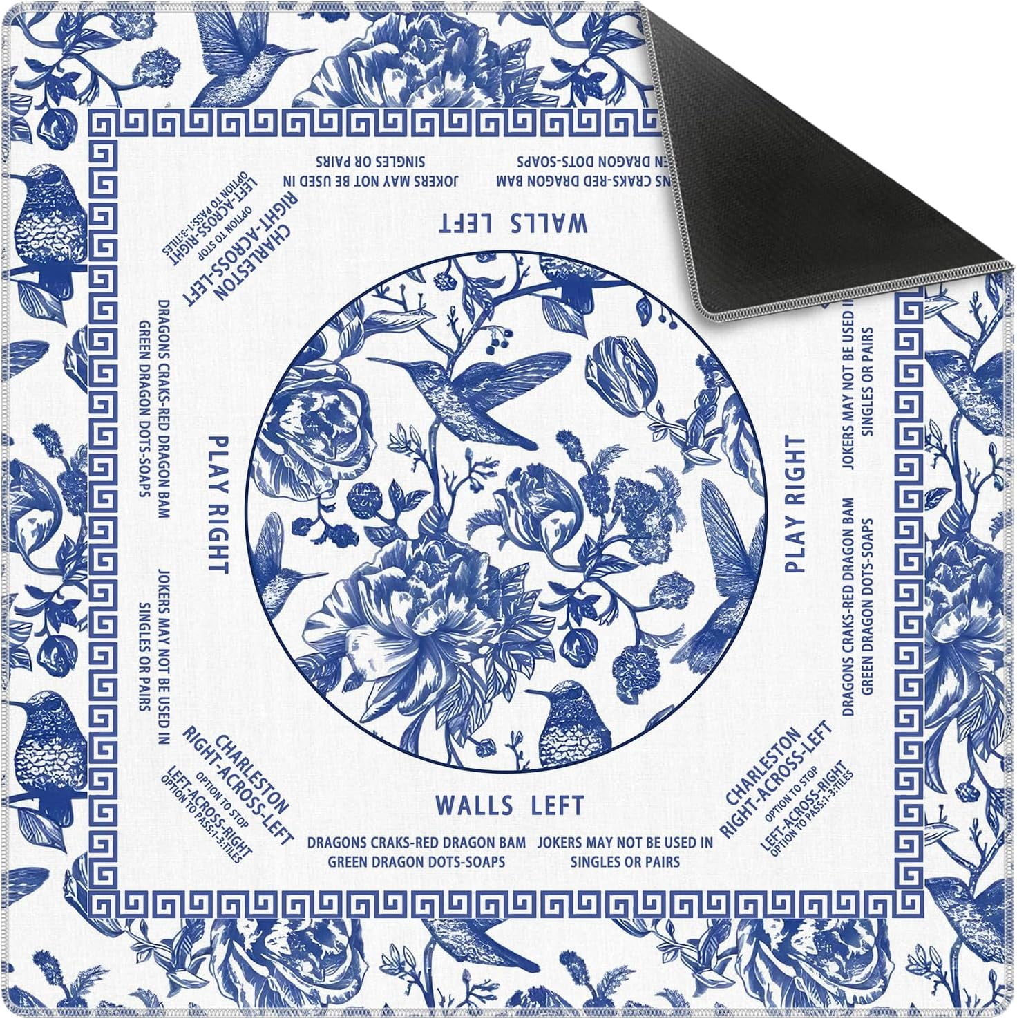 Blue and White Chinoiserie Floral Hummingbird Mahjong Mat 31.5x31.5 Inch, Non-Slip and Noise Reduction Mah Jong Table Mat Cover Gifts for Mahjong Lovers Poker Board Games Dominoes