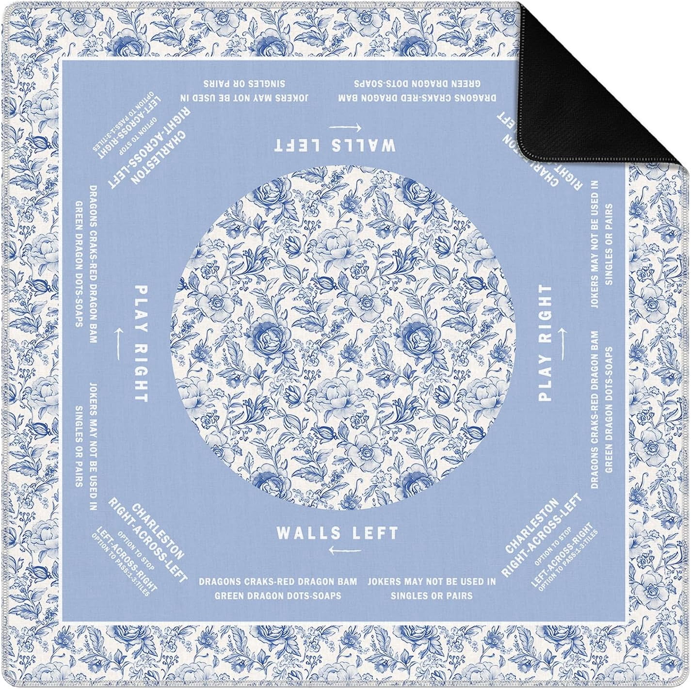 Blue and White Chinoiserie Floral Mahjong Mat for Table 31.5 x 31.5 in, Vintage Blue Chinese Non-Slip Noise Reduction Game Table Cover for American Mahjong Card Board Tile Games