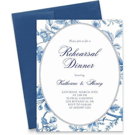 Blue and White Chinoiserie Wedding Rehearsal Dinner Invitations, Floral Rehearsal Dinner Invitations With Envelopes, Vintage Rehearsal Dinner, Your Choice of Quantity and Envelope Color