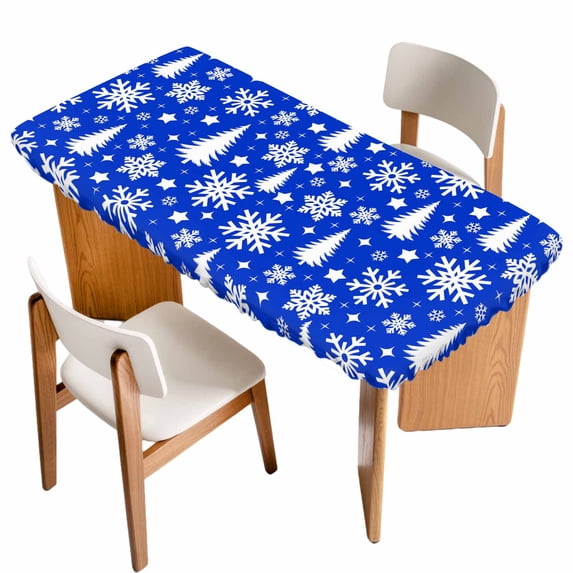 Blue White Christmas Table Cloths for 5 Foot Rectangle Tables, Xmas Tree Snowflake Winter Abstract Patio Waterproof Elastic Fitted Tablecloths, Washable Rectangular Table Cover for Camping