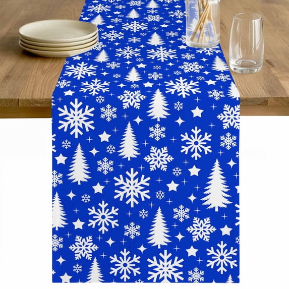 Blue White Christmas Table Runner 48 Inches Long Farmhouse Dress Scarves, Xmas Tree Snowflake Winter Abstract Dining Tablerunner for Coffee Table/Kitchen Island/Party Décor, 13" x 48"