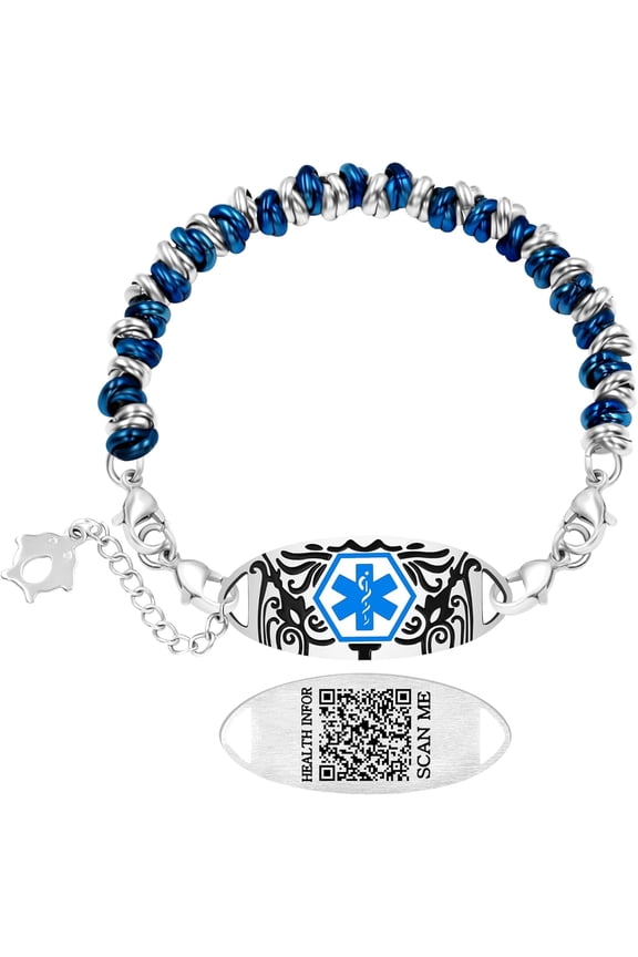 Blue & White Circle Style Stainless Steel Medical Alert Bracelet for Women Custom Engraved Medical ID with QR Code | Interchangeable Medical Plate, Double Lobster Clasp, Fashion Safety Jewelry YA5541