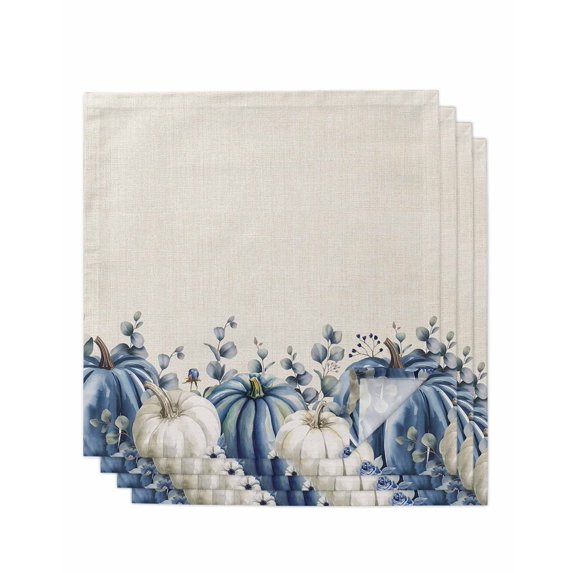 Blue White Cloth Napkins Set of 4 Reusable Dinner Napkins, Fall Thanksgiving Harvest Pumpkin Eucalyptus Cocktail Napkin Washable Table Napkins for Wedding/Holiday Party/Baby Shower 20"x20"
