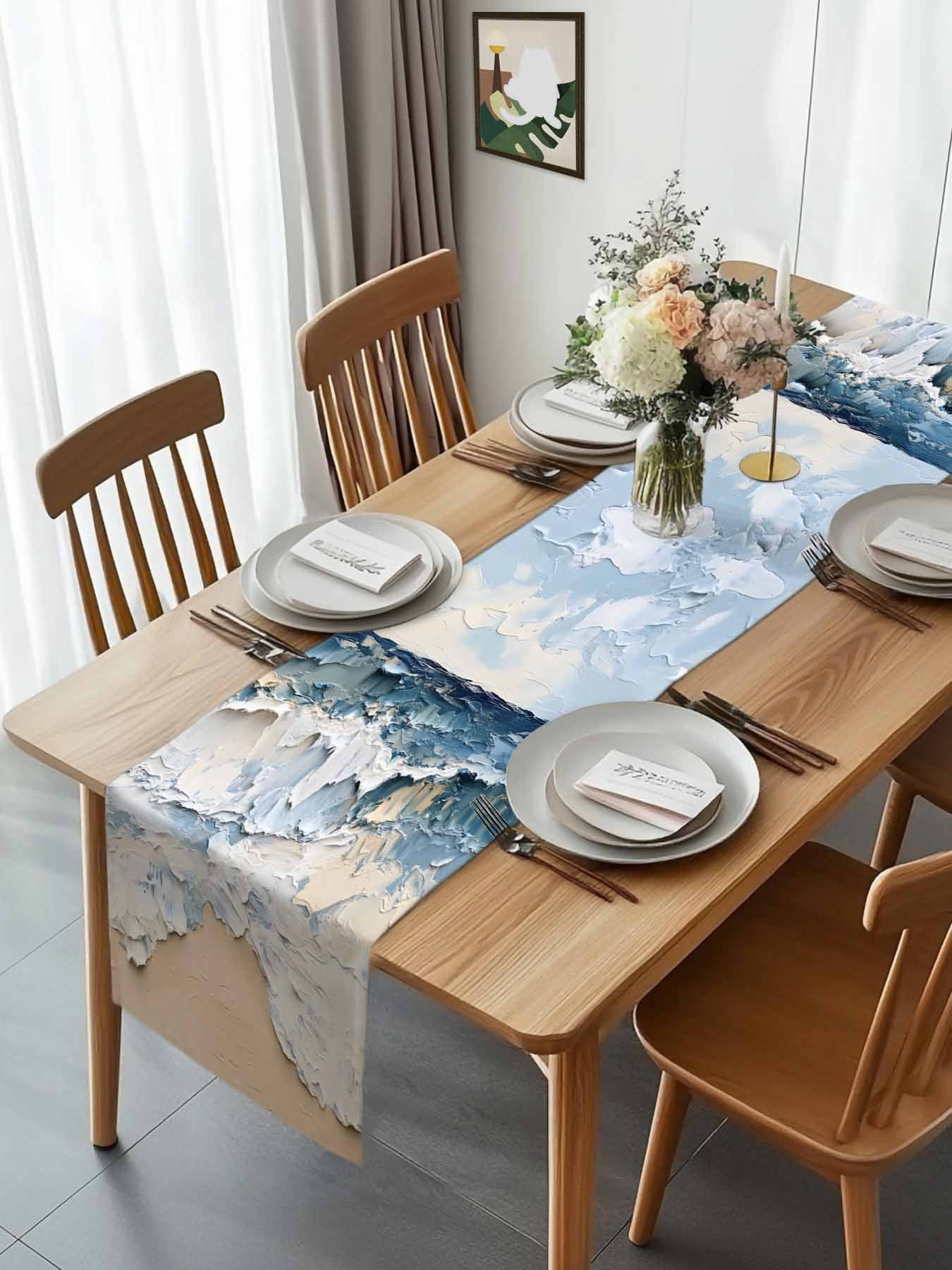 Blue White Coastal Beach Waves Table Runner 90 Inches Long, Abstract Art Table Runners Tabletop Scarf Kitchen Dining Tables Decoration for Home Party Indoor Outdoor