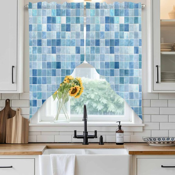 Blue White Color Block Swag Curtain Valance for Windows, Summer Watercolor Square Ocean Window Treatments Short Swag Topper for Kitchen Windows Bathroom Bedroom, 28"x36"