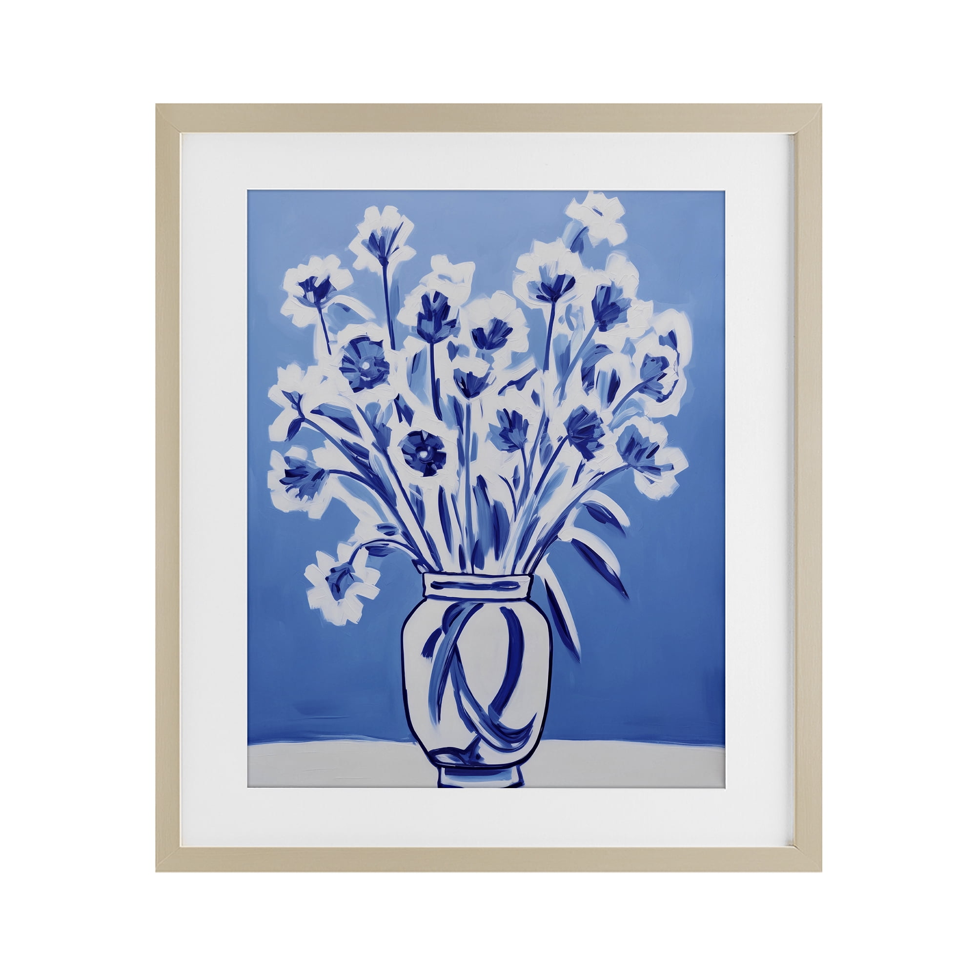 Blue & White Contrast Flowers Birch Framed Print Under Glass, design by Lettered and Lined