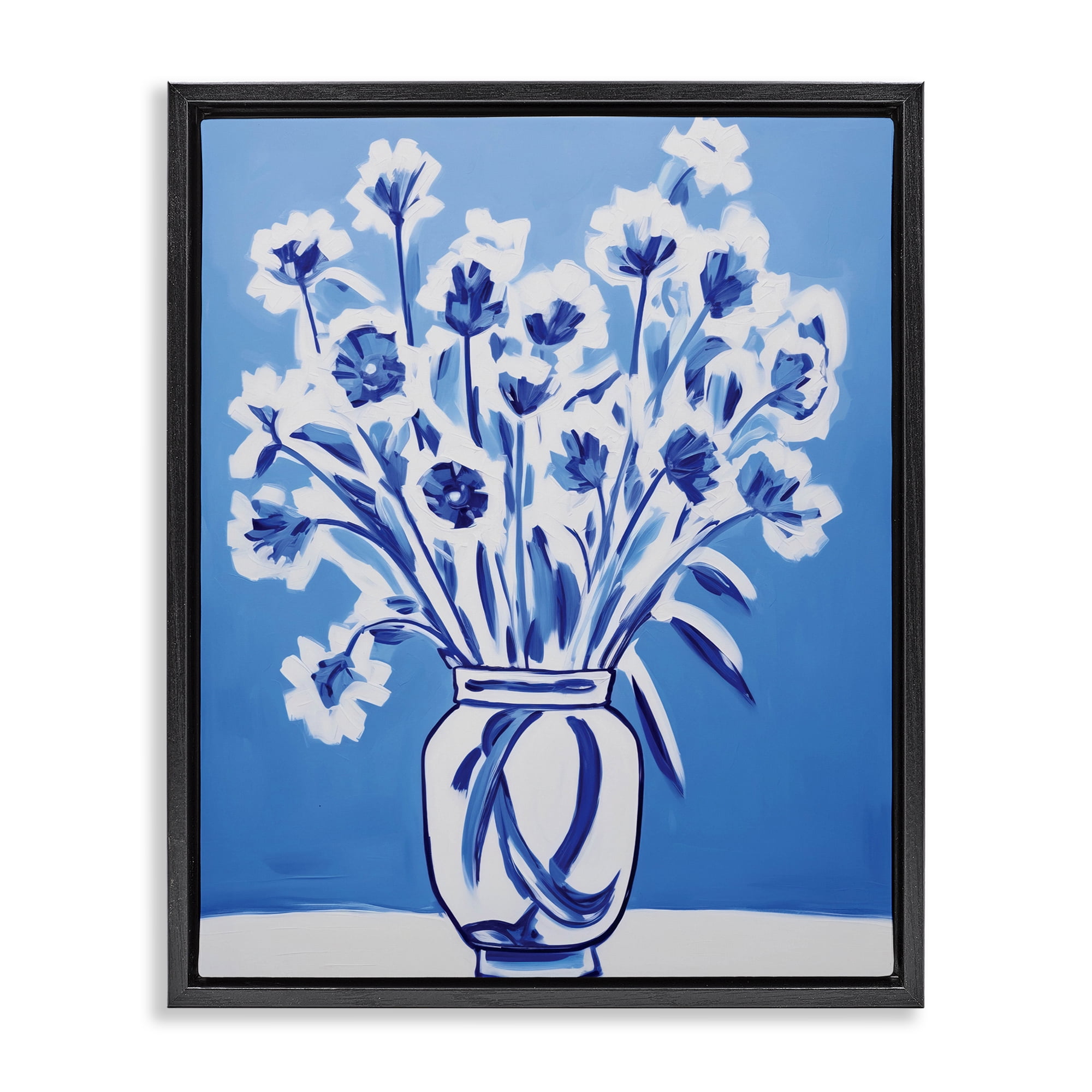 Blue & White Contrast Flowers Black Framed Floater Canvas Wall Art, design by Lettered and Lined