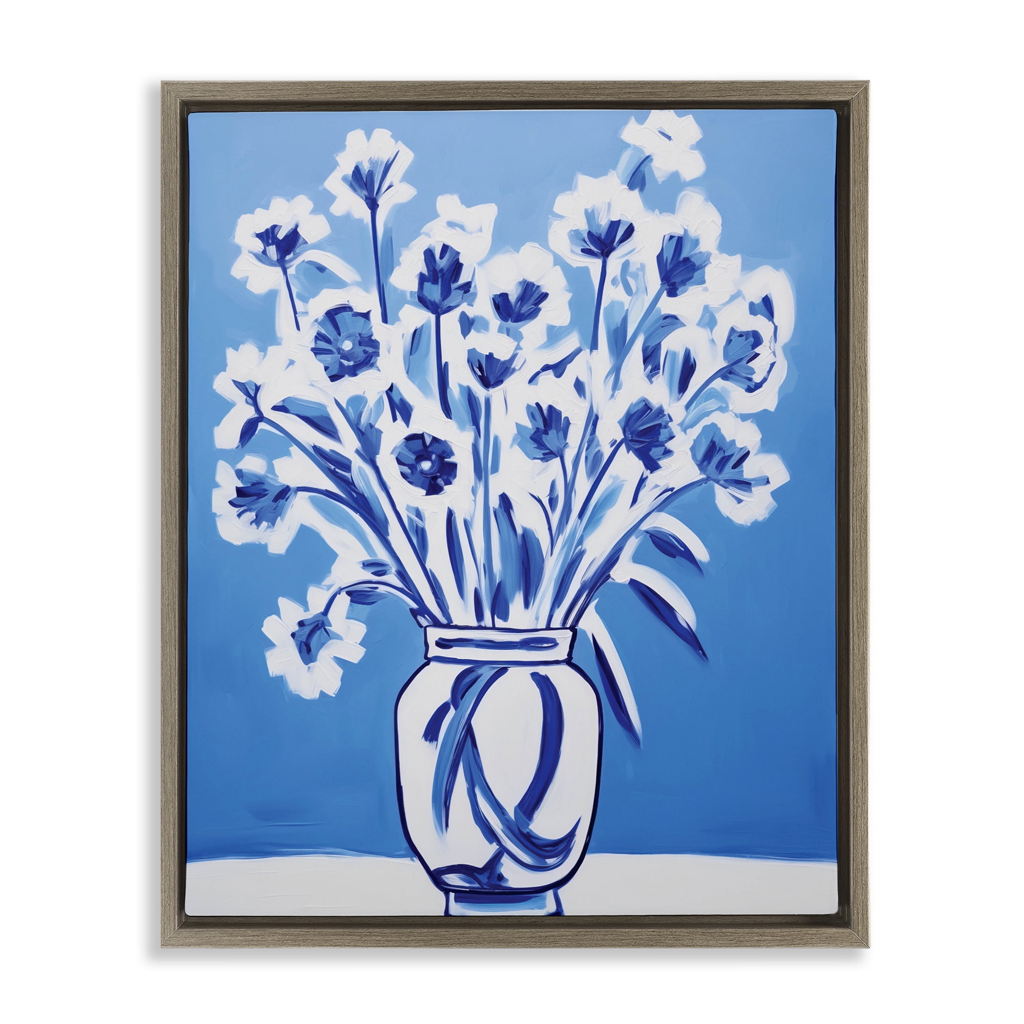 Blue & White Contrast Flowers Brown Framed Floater Canvas Wall Art, design by Lettered and Lined