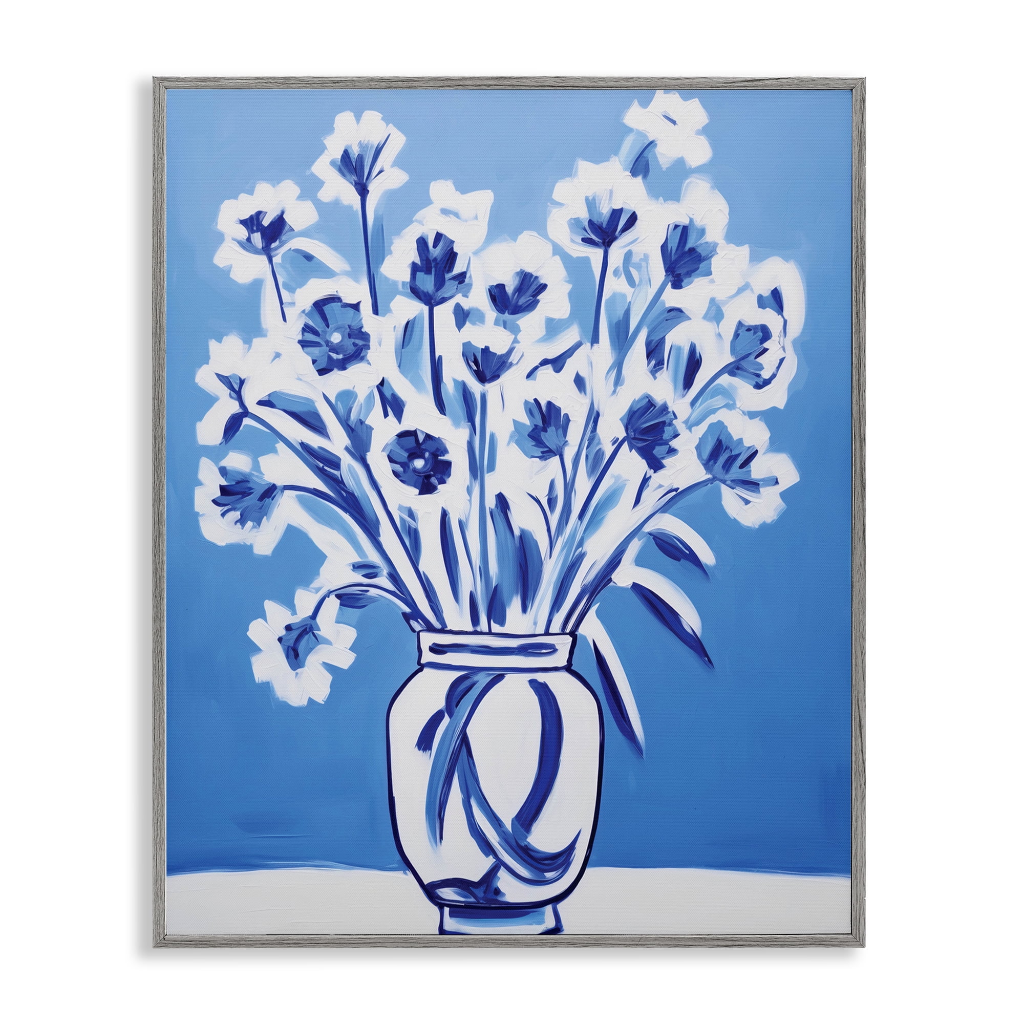 Blue & White Contrast Flowers Gray Framed Giclee Art, design by Lettered and Lined
