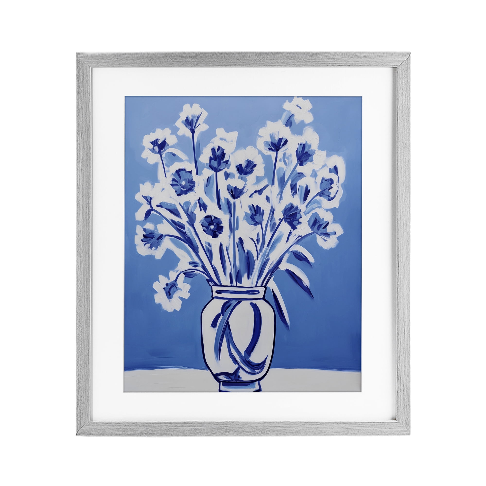 Blue & White Contrast Flowers Gray Framed Print Under Glass, design by Lettered and Lined