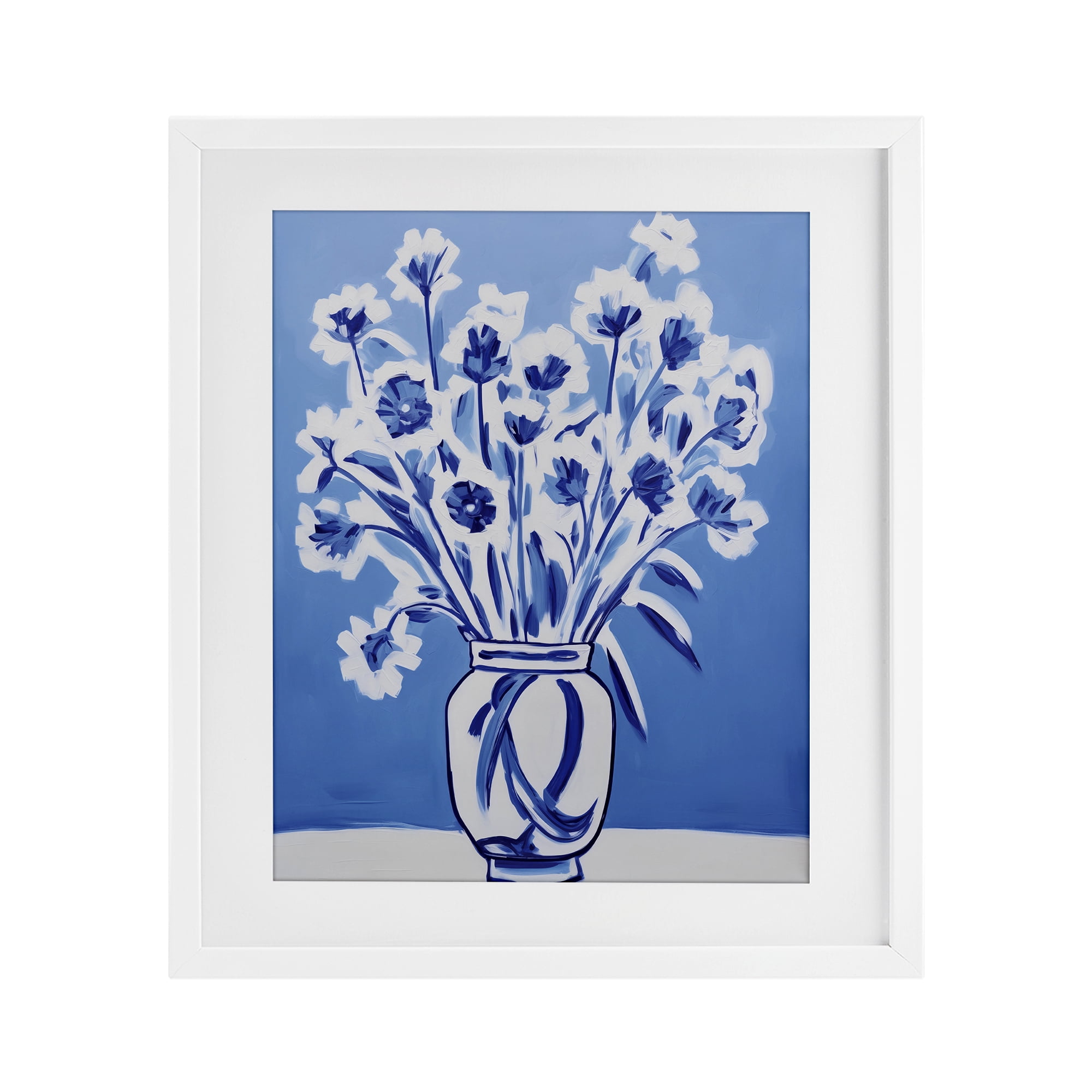 Blue & White Contrast Flowers White Framed Print Under Glass, design by Lettered and Lined