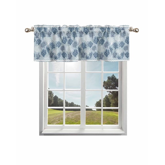 Blue White Coral Curtain Valance for Windows/Living Room/Kitchen/Bathroom/Café, Short Rod Pocket Tier Curtain Window Treatment Panel Summer Beach Coastal Ocean Stripes Topper Curtain 42''x18''