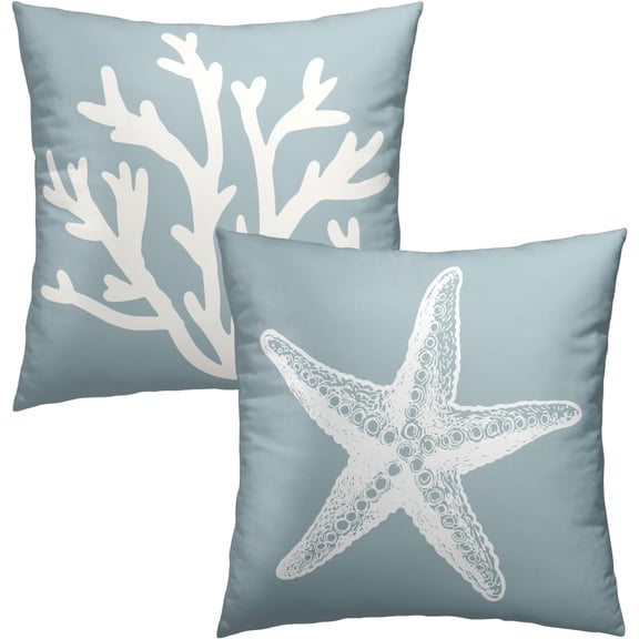 Blue and White Coral Tree Throw Pillow Cover 16x16 Inch Pack of 2 Summer Beach Starfishes Cushion Pillow Case Square Cotton Nautical Coastal Pillowcase for Party Bed Sofa Home Car Bedroom Outdoor