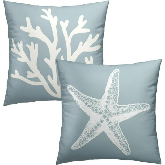 Blue and White Coral Tree Throw Pillow Cover 16x16 Inch Pack of 2 Summer Beach Starfishes Cushion Pillow Case Square Cotton Nautical Coastal Pillowcase for Party Bed Sofa Home Car Bedroom Outdoor