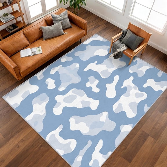 Blue White Cow Print Area Rug, Western Cowhide Animal Pattern Indoor Carpet, Washable Non Slip Low Pile Soft Thin Rug for Living Room Bedroom Home Decor Mat 2x3ft