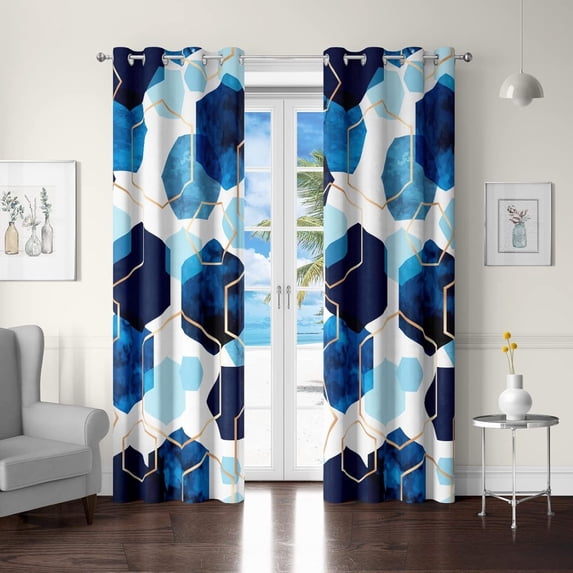 Blue And White Curtains Modern Abstract Geometric Print Darkening Window Drapes With Grommet Top Ombre Marble Hexagon Pattern Curtains For Bedroom, Living Room, Office 38"W x 54"L (Pack of 2)