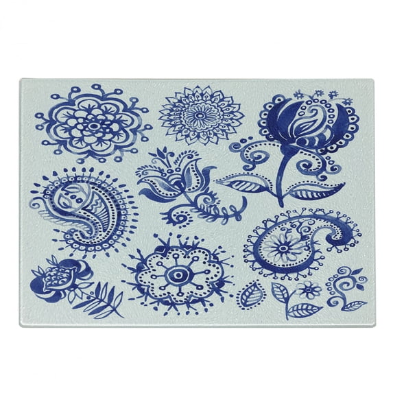 Blue and White Cutting Board, Old Fashioned Motifs in Watercolor Style Paisley Mandala Floral, Decorative Tempered Glass Cutting and Serving Board, Small Size, Navy Blue White, by Ambesonne