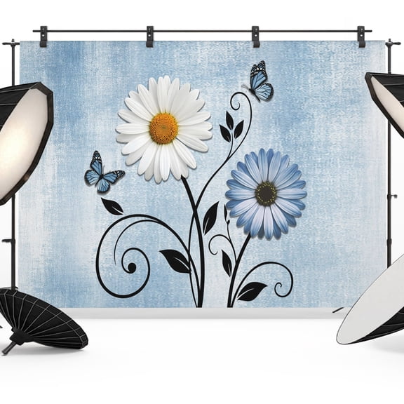 Blue White Daisy Backdrops for Photography, Butterfly Leaf Blue Gradient Background Fabric Photo Background Sturdy Studio Props for Photo Studio, Video Recording, Booth & Photoshoot 7x5ft