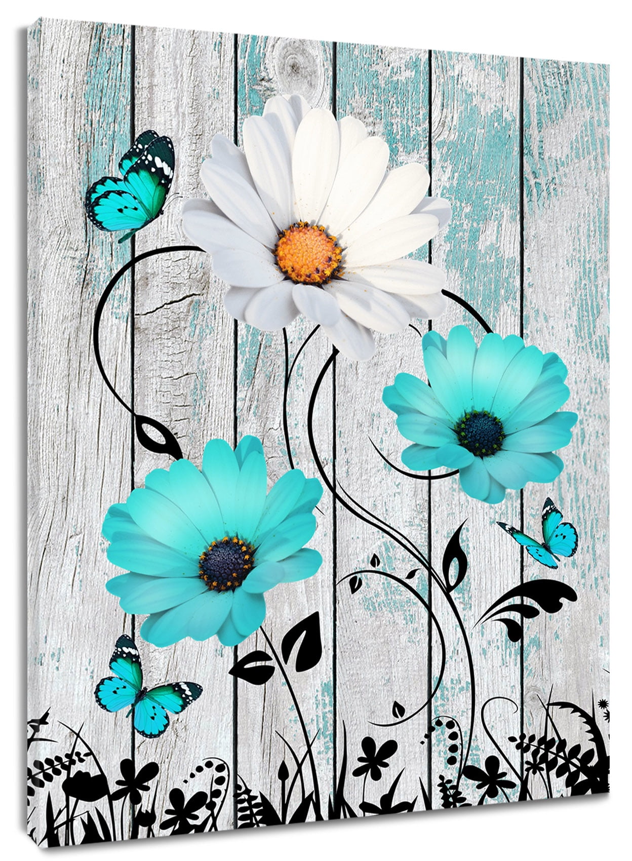 Blue and White Daisy Butterfly Wall Art Decor for Bathroom Teal Floral ...