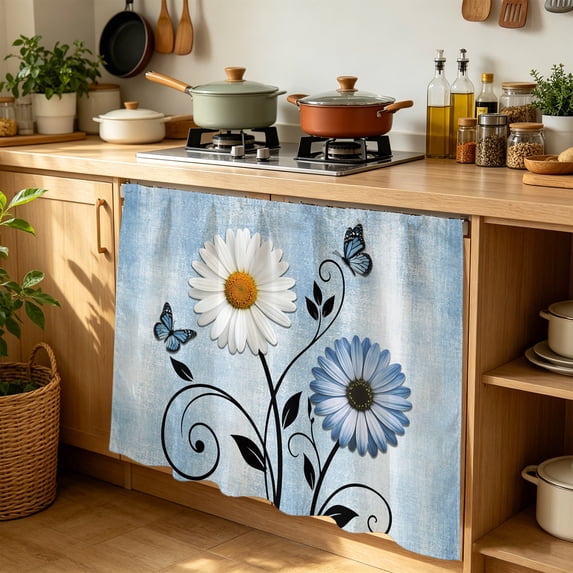 Blue White Daisy Cabinet Curtains for Kitchen 35