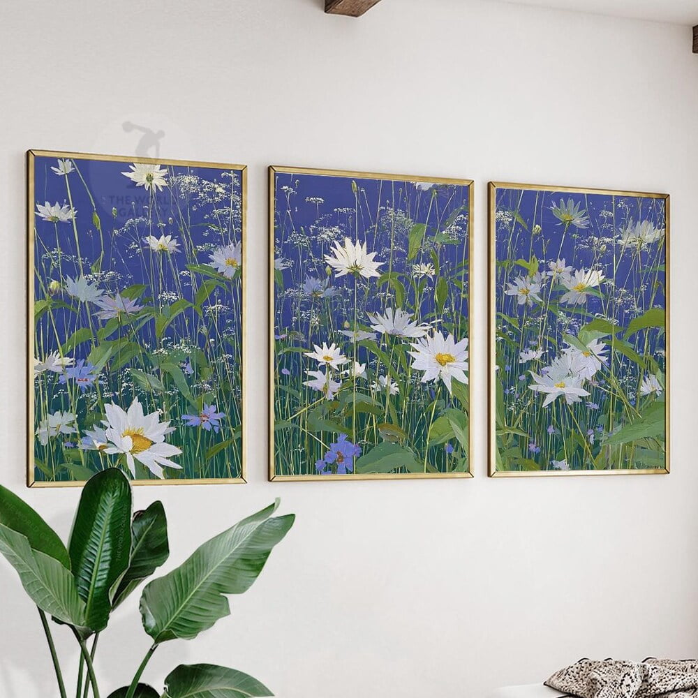 Blue White Daisy Field Wildflower Meadow Modern Wall Art Print Set 3 ...
