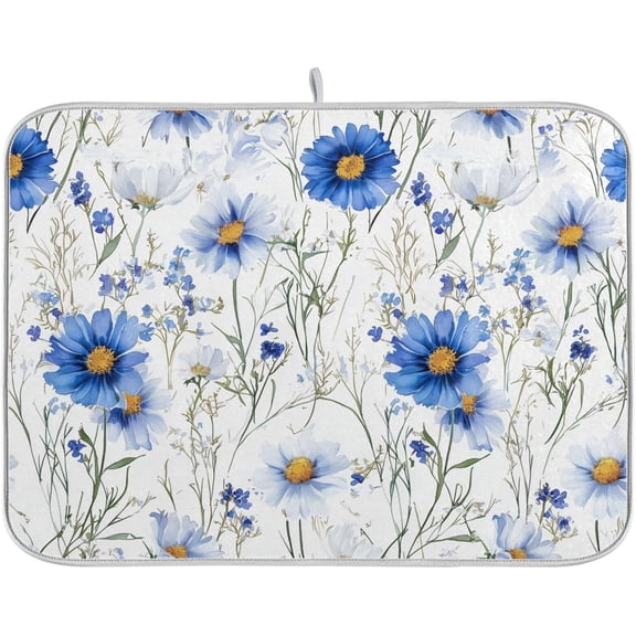 Blue White Daisy Flowers Dish Drying Mat for Kitchen Counter Absorbent Reversible Microfiber Drying Pad Countertop Drainer Mats, Small 16 x 18 inch