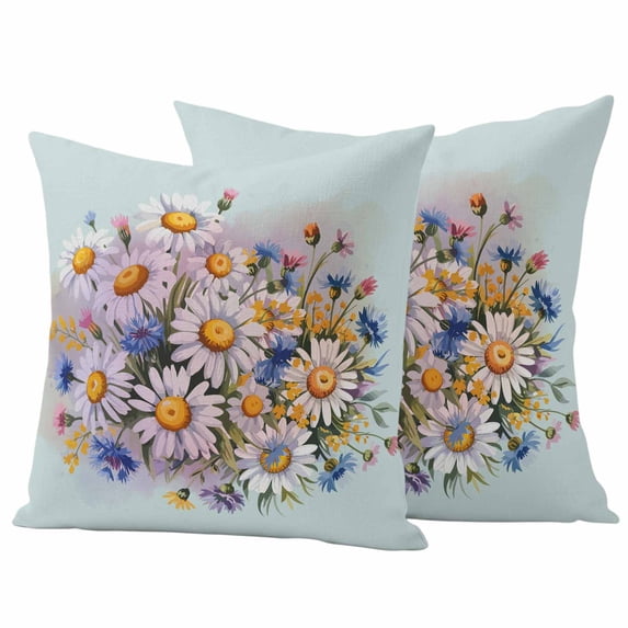 Blue White Daisy Flowers Pillow Covers 2 Pack Spring Plants Watercolor Green Pillowcase Waterproof Outdoor Throw Pillow Cover for Patio Garden Square Cushion 16”x16”