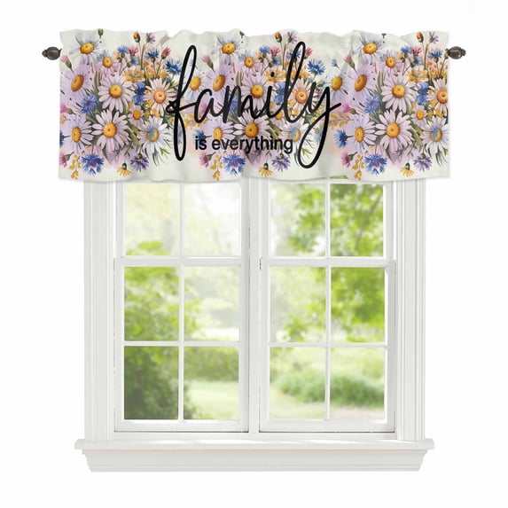 Blue White Daisy Flowers Window Valance for Kitchen, Family Is Everything Spring Plants Rod Pocket Short Curtain for Small Windows, Light Filtering Decorative Valance, 42 x 12 Inch