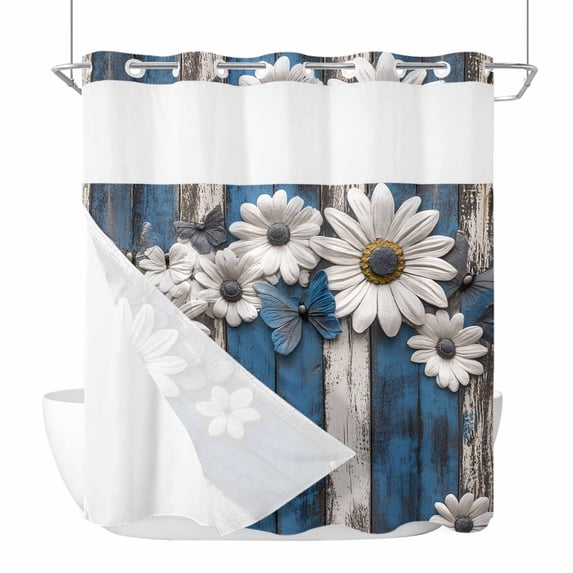 Blue White Daisy No Hook Shower Curtain Waterproof,Bathroom Curtains with Snap in Liners and See Through Top Window,Vintage Farmhouse Butterfly Floral Wood Hotel Bathtub Curtains Shower 72"Wx78"L