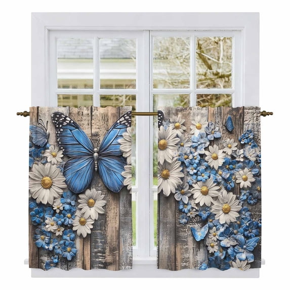 Blue White Daisy Kitchen Curtains, Vintage Pastoral Butterfly Rustic Wood Light Filtering Window Curtain Panels, 2Pcs Rod Pocket Window Treatments Set for RV Dining Room Study Room 42x45 Inches