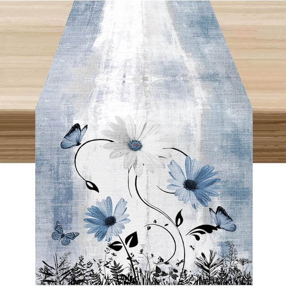 Blue White Daisy Kitchen Table Runner Farmhouse Modern Flower Retro Floral Spring Butterfly Rural Country Style Table Decor Table Top Dining Wedding Party 13x70 ln