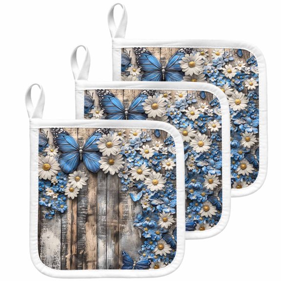 Blue White Daisy Pot Holders for Kitchen Heatproof Potholder, 3 Pack Vintage Pastoral Butterfly Rustic Wood Hot Pads Multipurpose Oven Pads Cloth Potholders Trivet for Cooking Baking