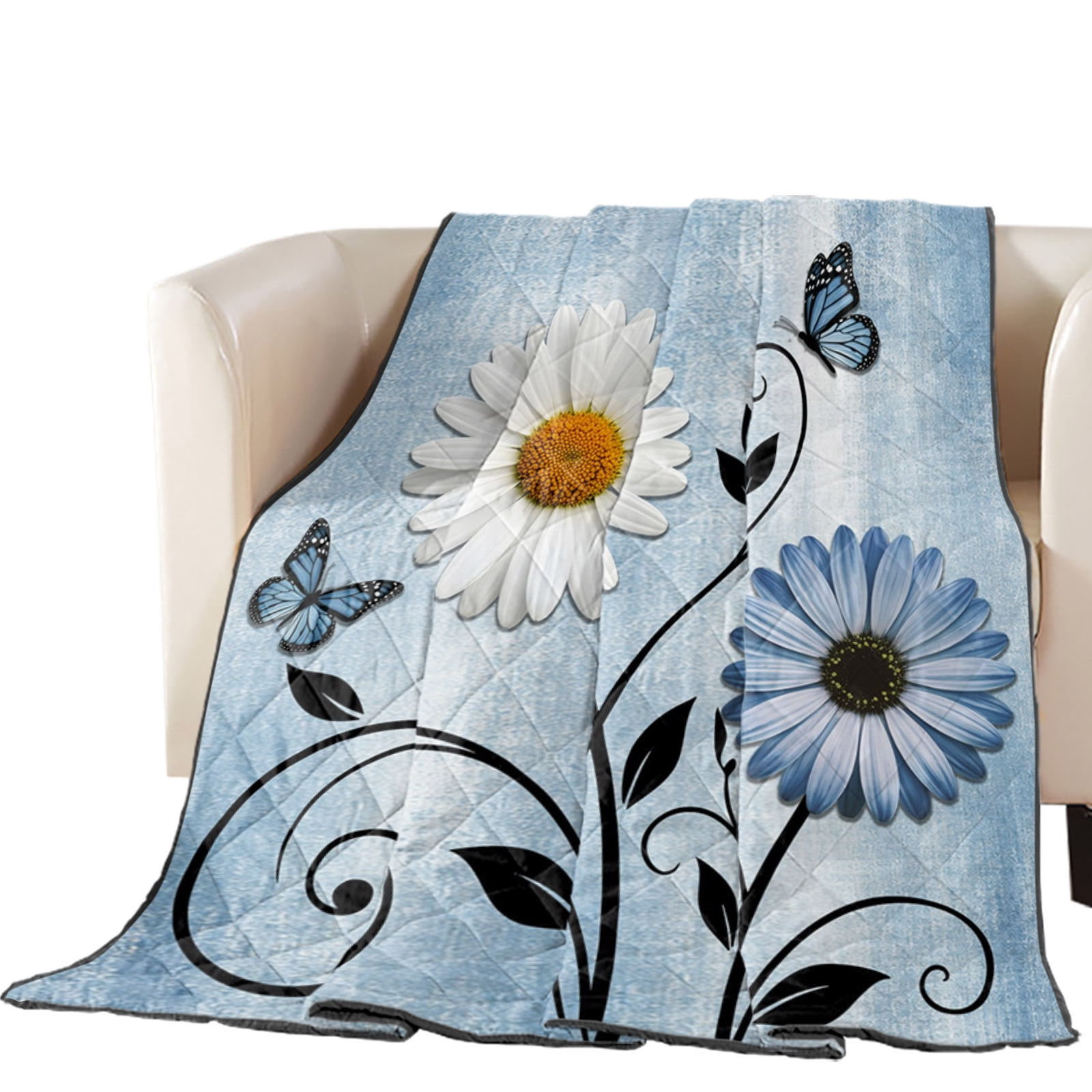 Blue White Daisy Quilted Comforters Cooling Blanket Oversized Queen ...