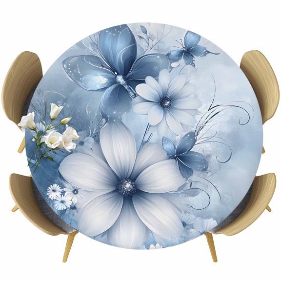 Blue White Daisy Round Tablecloth 36-44 Inch Round Fitted Table Cloth with Elastic Edge, Luxury Farmhouse Botanical Flower Waterproof Table Cover Protector for Outdoor Picnic Party Dining