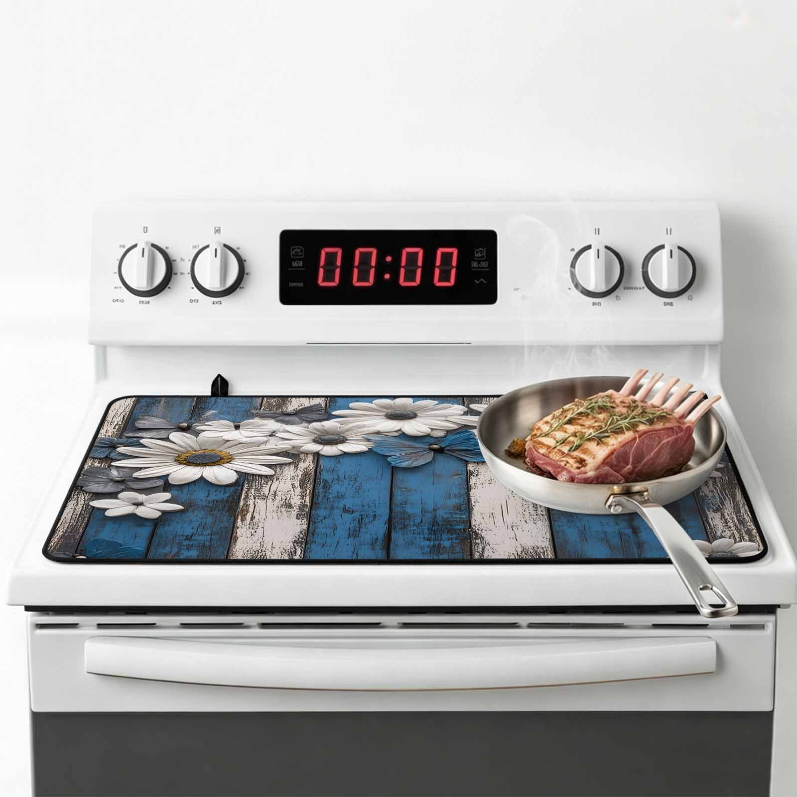 Blue White Daisy Stove Top Cover for Electric Stove, Heat-proof & Non Slip Glass Top Stove Cover Protector, Vintage Farmhouse Butterfly Floral Wood Kitchen Flat Cooktop Rubber Mat 24x21 Inches