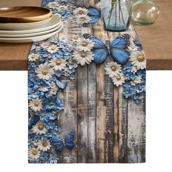 Blue White Daisy Table Runner, Vintage Pastoral Butterfly Rustic Wood Washable Cotton Linen Table Runners 90 Inches Long, Dresser Scarf Runner for Dining/Coffee/Kitchen/Hallway Tables 13''x90''