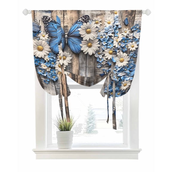Blue White Daisy Tie Up Curtains for Window, Thermal Insulated Balloon Shade Adjustable Rod Pocket Curtains Valance Panels for Kitchen Bathroom Cafe 42 x 45 Vintage Pastoral Butterfly Rustic Wood