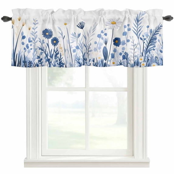 Blue White Daisy Window Valance Curtain Flowers Vine Leaf Rod Pocket Short Curtain for Living Room, Bedroom & Kitchen Window Decor 54x18in